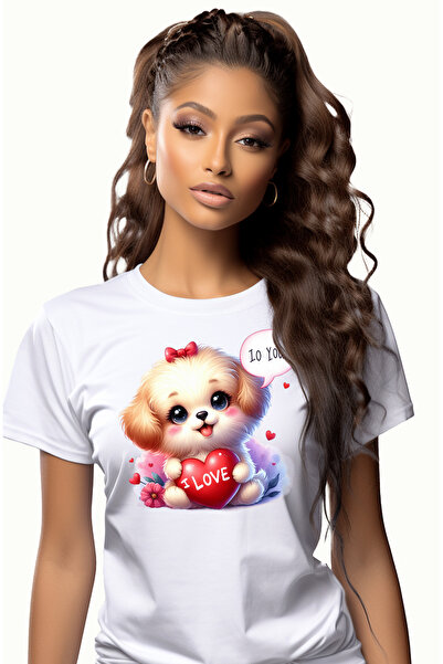 StoryGift Romania Tricou Femei cu un catelus blanos, ilustratie, tine o inima...