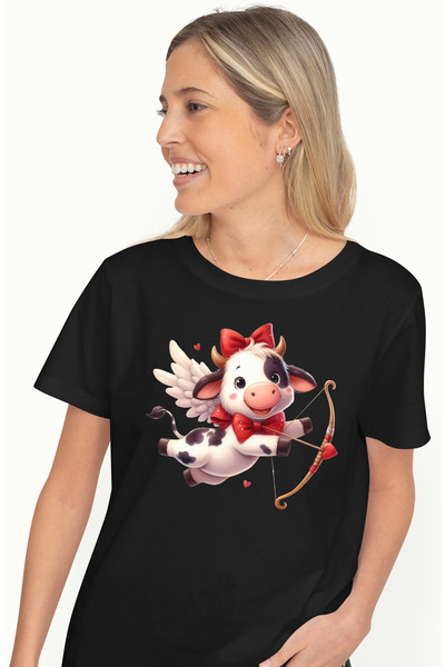 StoryGift Romania Tricou Femei cu o vacuta Cupidon care trage cu arcul, ilustratie, aripi, zboara, BLK_M