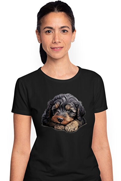 StoryGift Romania Tricou Femei cu un catel somnoros, ilustratie, negru, lenes...