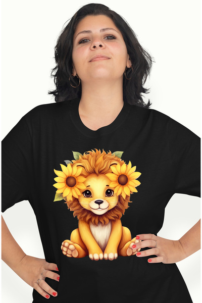 StoryGift Romania Tricou Femei cu un pui de leu cu flori de floarea-soarelui in dreptul urechilor, BLK_XS