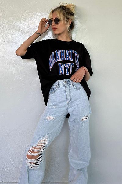 Madmext Schwarzes Oversize-T-Shirt mit Aufdruck für Damen, MG1231