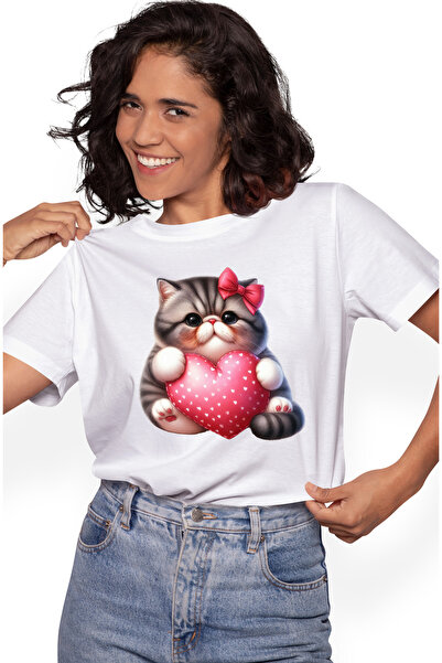 StoryGift Romania Tricou Femei cu o pisicuta grasuta care tine o inimioara in...