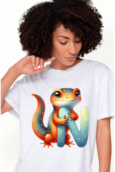 StoryGift Romania Tricou Femei cu o soparla care tine litera "N", ilustratie,...