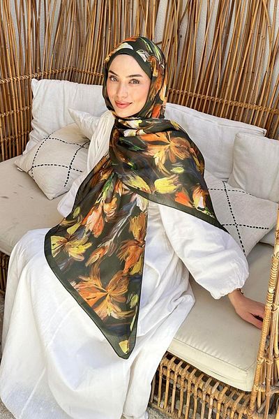 lamelif Flower Pattern Soft Shawl Khaki