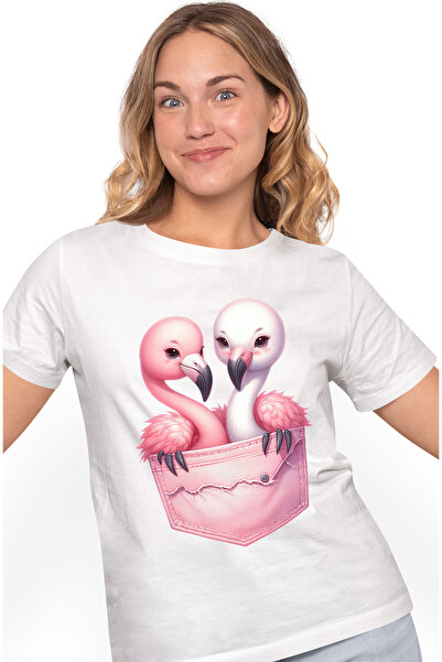 StoryGift Romania Tricou Femei cu 2 pasari flamingo care stau intr-un buzunar...