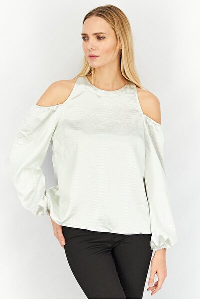INC Women Crew Neck Cold Shoulder Textured Top, Silver