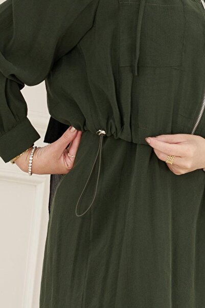 Sevitli Cep Detaylı Cepkenli Ela Elbise-Yeşil