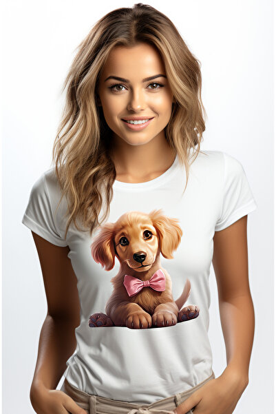 StoryGift Romania Tricou Femei cu un catel Golden Retriever, ilustratie, cuminte, asteapta ordine WHT_M