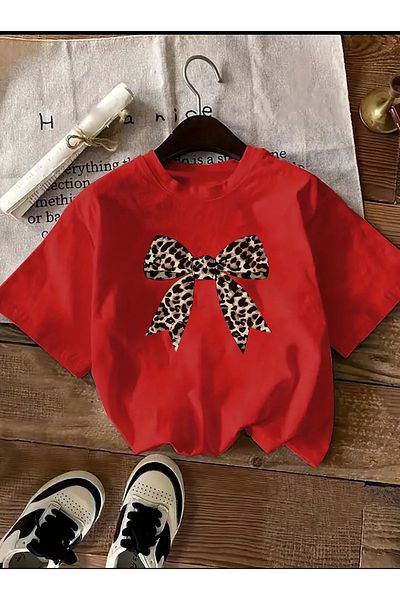 Medinenur Basic T-Shirt with Leopard Patterned Ribbon Detail