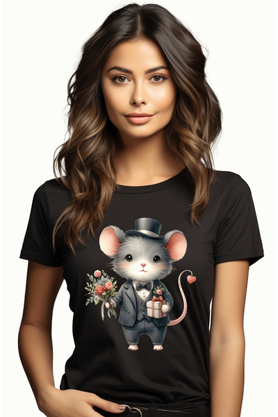 StoryGift Romania Tricou Femei cu un soarece, la costum, palarie, buchet cu f...