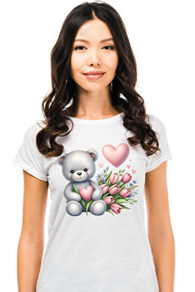 StoryGift Romania Tricou Femei cu un ursulet de plus care tine o inimioara, ilustratie, lalele, ro WHT_XS