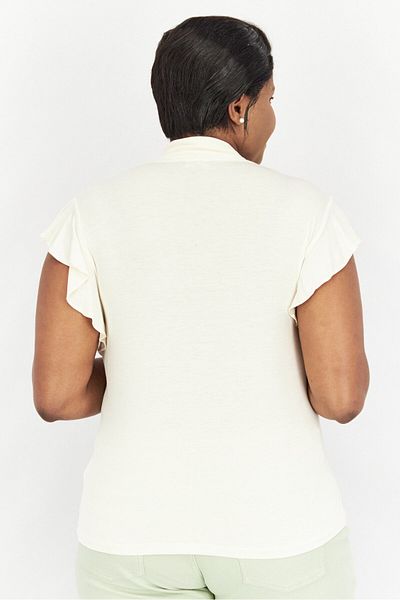 Ralph Lauren Women Tie Neck Ruffle Sleeves Plain Tops, Cream