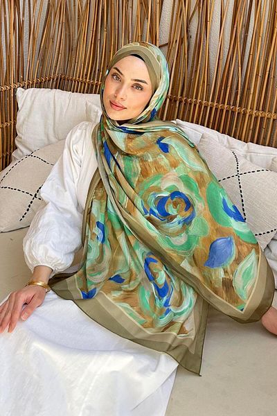 lamelif Flower Pattern Cotton Shawl Army Green