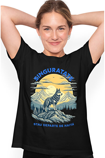 StoryGift Romania Tricou Femei Lup pe munte mesaj singuratate departe de haita cu imprimeu pe Fata BLK_XL