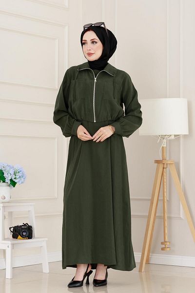 Sevitli Pocket Detailed Pocketed Ela Dress-Green