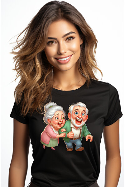 StoryGift Romania Tricou Femei cu o bunicuta si un bunic, ilustratie, rad de ...