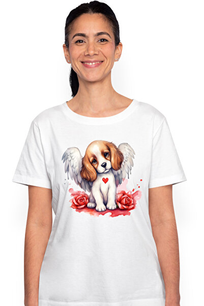 StoryGift Romania Tricou Femei cu un catel timid, aripi, ilustratie, trandafiri, inima, apreciere, WHT_S