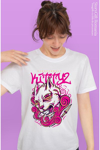 StoryGift Romania Tricou Femei Cu Pisica Suparata Roz, Text In Engleza Kittyz, Cutit Ascutit, Pisi WHT_L