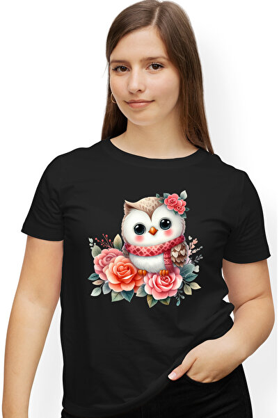 StoryGift Romania Tricou Femei cu o bufnita dragalasa, ilustratie, flori colorate, imbujorata, emo BLK_XS