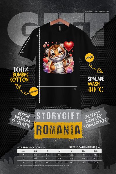 StoryGift Romania Women's T-shirt with tiger cubs with the message "I love you", many hearts, flowers div BLK_L