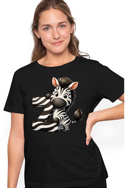 StoryGift Romania Women's T-shirt with a zebra with the letter "Z", illustration, for children, school, student, s BLK_L