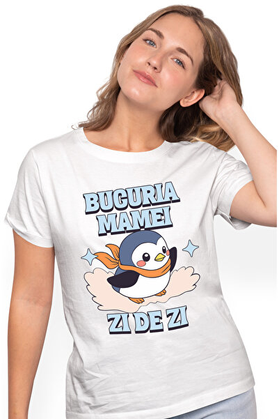 StoryGift Romania Tricou Femei Bucuria mamei, zi de zi pinguin in nor familie...