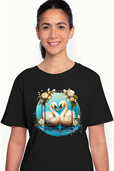StoryGift Romania Tricou Femei cu 2 lebede, ilustratie, apropiere, flori albe...