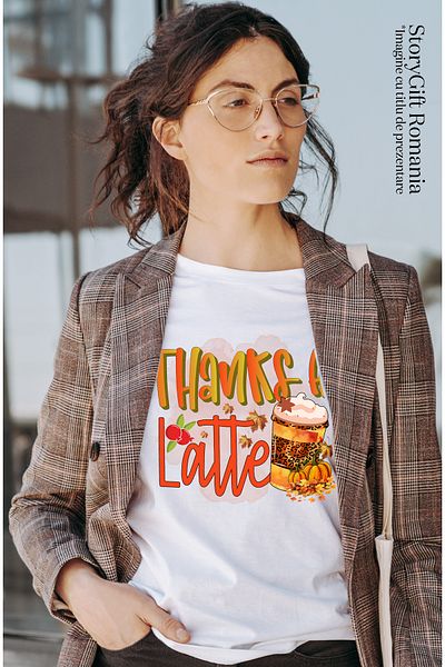 StoryGift Romania Tricou Femei Cu Mesajul "thanks A Latte", Toamna, Ilustratie, Dovleci, Cafea, Fr Wht_l