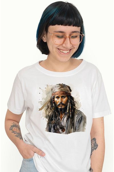 StoryGift Romania Tricou Femei Cu Jack Sparrow, Piratii Din Caraibe, Pirat, Esarfa, Barba, Filme, WHT_S
