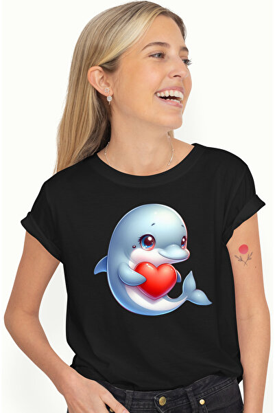 StoryGift Romania Tricou Femei cu un delfin care tine o inima in brate, ilust...