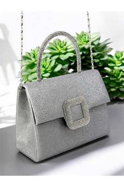 millamoda Kadın Gümüş Simli Taşlı Toka Detaylı Portföy taşlı saplı abiye çanta