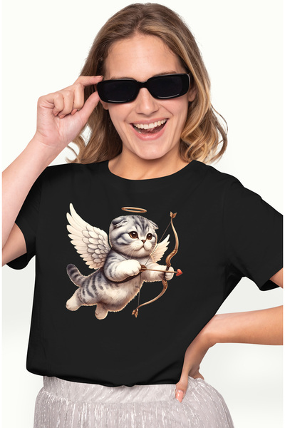 StoryGift Romania Tricou Femei cu o pisicuta grasuta Cupidon care trage cu arcul, aripi, zboara, s BLK_XS