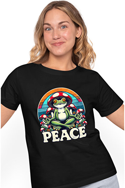 StoryGift Romania Tricou Femei cu o broasca meditand cu mesajul "Peace", pace...