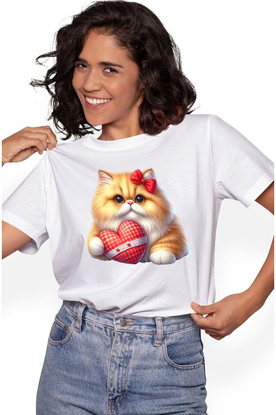 StoryGift Romania Women's T-shirt with an orange kitten, illustration, holding a heart, bow, for WHT_L