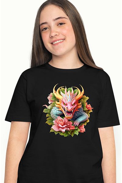 StoryGift Romania Tricou Femei cu un dragon furios, ilustratie, anul dragonului, plante, floricele BLK_XS