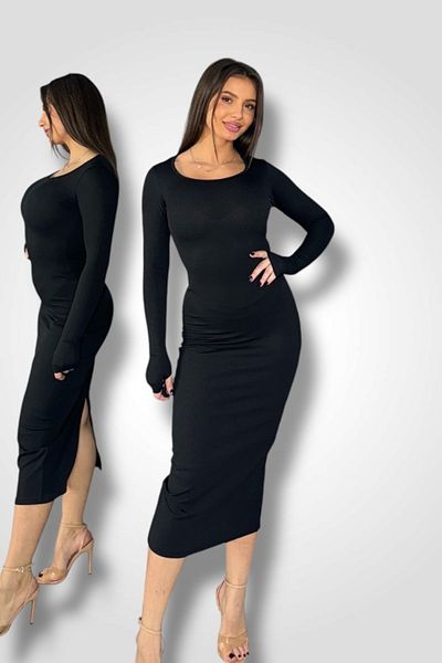 BOMBFIT Intense Black Long Dress, long sleeve, Black, striped look