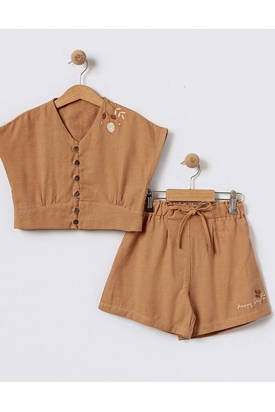 Bebüş Girl's Brown Buttoned Embroidery Detailed Shorts Summer Double Set 15624