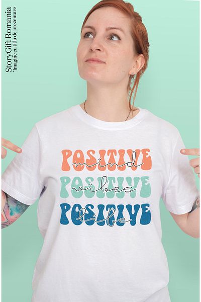 StoryGift Romania Tricou Femei Cu Mesajul "positive Mind, Vibes, Life", Ilustratie, Motivational, Wht_l