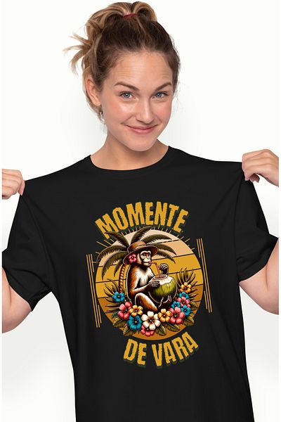 StoryGift Romania Tricou Femei Momente de vara maimuta cu nuca de cocos cu imprimeu pe Fata, 100% BLK_XL