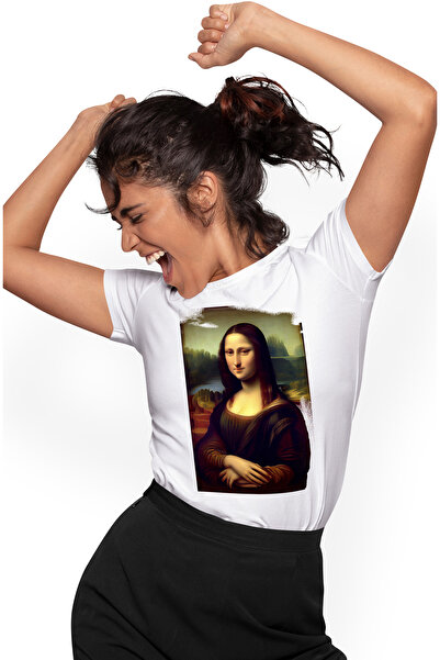 StoryGift Romania Tricou Femei Cu Pictura Stil Gioconda, Leonardo da Vinci, Mona Lisa, Arta Clasic WHT_S