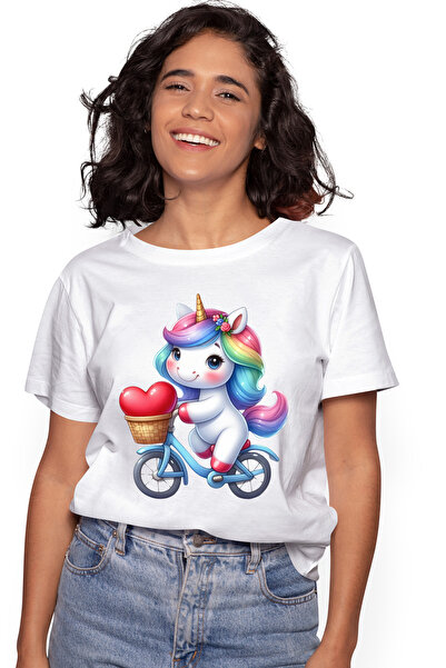 StoryGift Romania Tricou Femei cu un unicorn care se plimba cu bicicleta. ilustratie. cos cu inimi WHT_XL