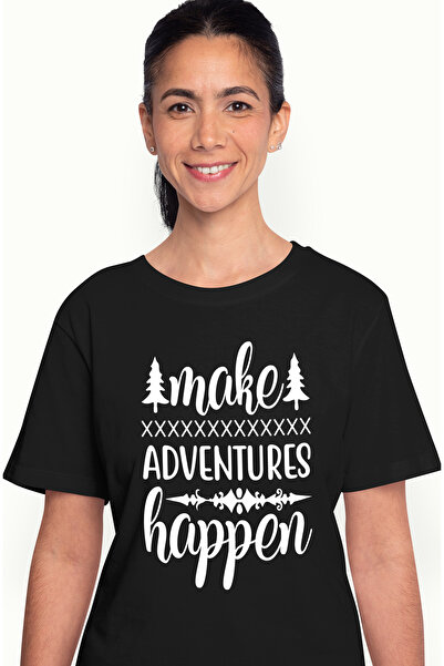 StoryGift Romania Tricou Femei cu brazi si mesajul "Make adventures happen" - fa aventurile sa se BLK_L