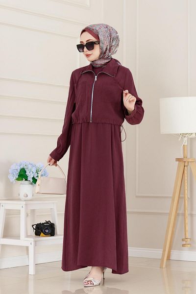 Sevitli Pocket Detailed Pocketed Ela Dress-Burgundy