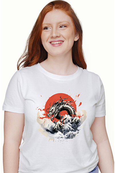 StoryGift Romania Tricou Femei cu un dragon chinezesc, ilustratie, cerc rosu,...