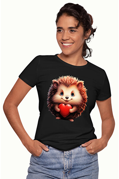 StoryGift Romania Tricou Femei cu un arici vesel, ilustratie, tine o inima in...