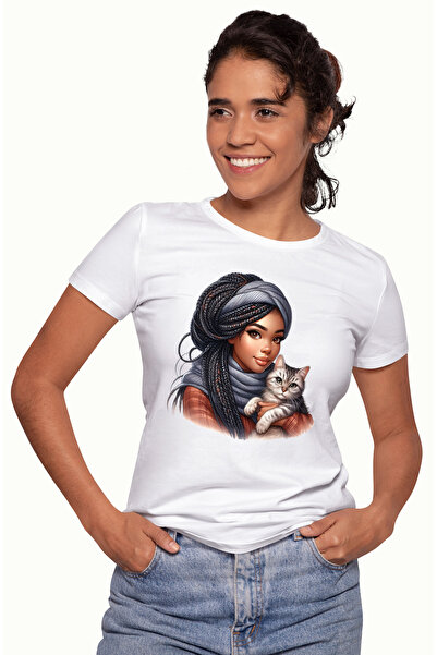 StoryGift Romania Tricou Femei cu o fata draguta de culoare, tine o pisicuta ...