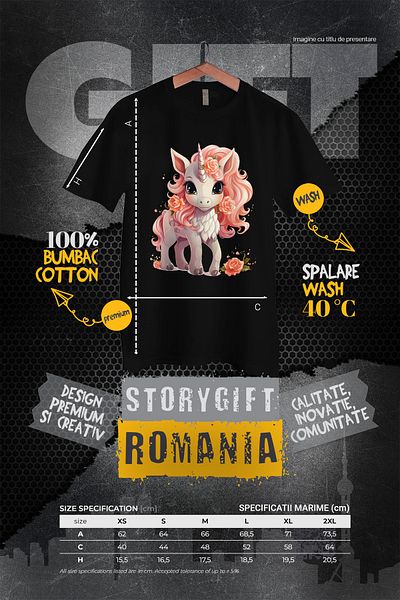 StoryGift Romania Women's T-shirt with a cheerful unicorn, illustration, shy, orange roses, flower BLK_XL