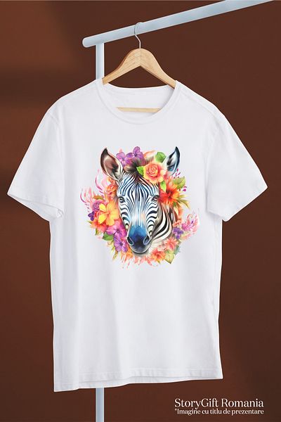 StoryGift Romania Women's T-shirt with a serious zebra, illustration, flowers of various colors, nature, a WHT_S