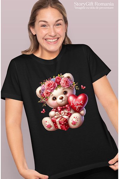 StoryGift Romania Tricou Femei cu o ursoaica de plus, ilustratie, fericire, cadou, inima cu mesaju BLK_XS