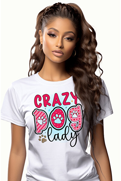 StoryGift Romania Tricou Femei cu mesajul "Crazy Dog Lady", caine, animal de companie, ilustratie, WHT_M